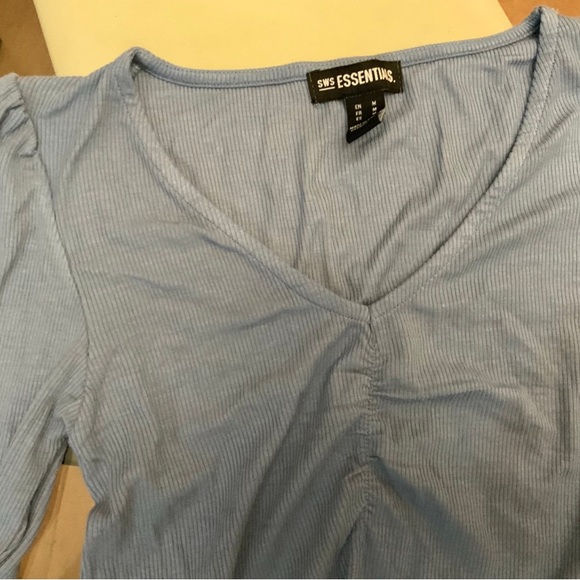 Essentials Blue Fitted V-Neck Short Sleeve Blouse - Picture 1 of 4